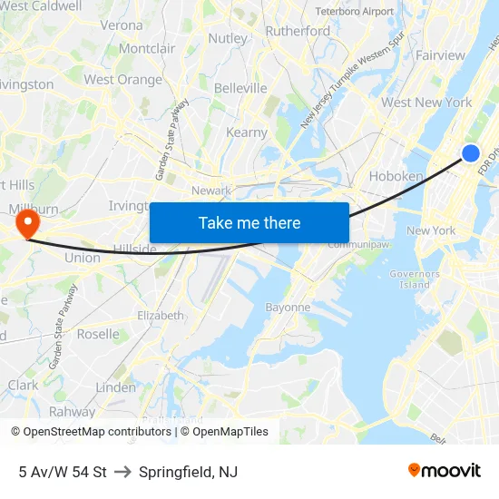 5 Av/W 54 St to Springfield, NJ map