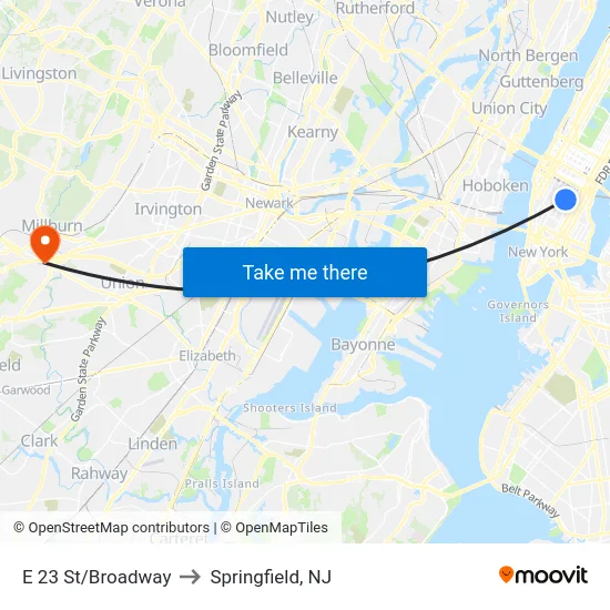 E 23 St/Broadway to Springfield, NJ map