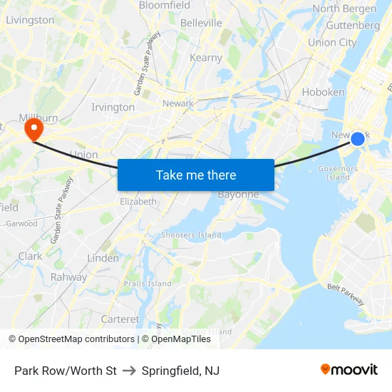 Park Row/Worth St to Springfield, NJ map