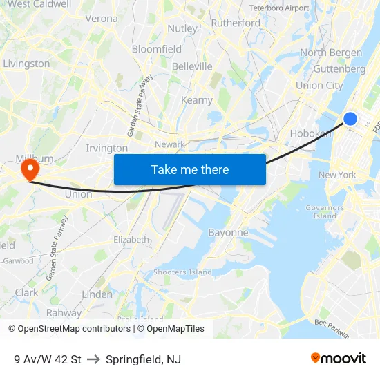 9 Av/W 42 St to Springfield, NJ map