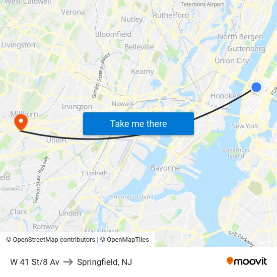 W 41 St/8 Av to Springfield, NJ map