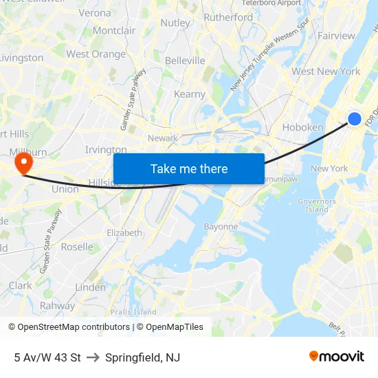 5 Av/W 43 St to Springfield, NJ map