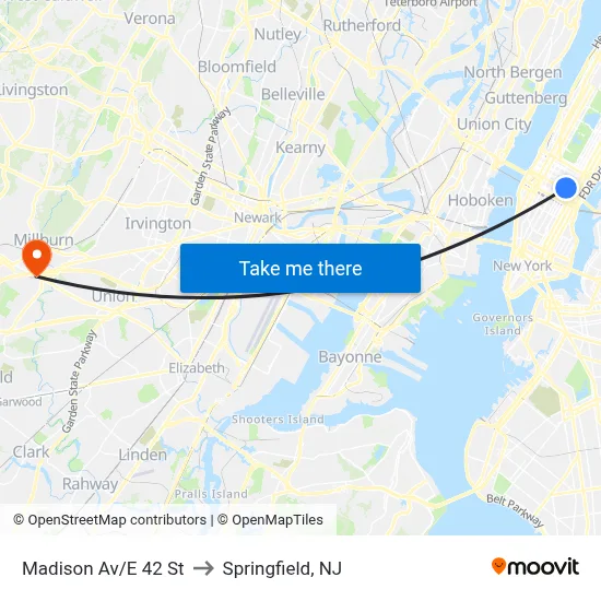 Madison Av/E 42 St to Springfield, NJ map