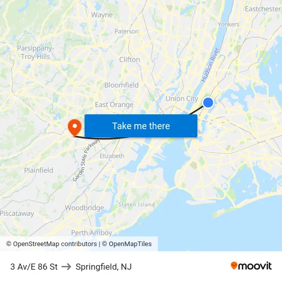 3 Av/E 86 St to Springfield, NJ map