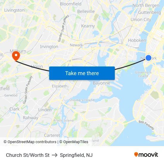 Church St/Worth St to Springfield, NJ map