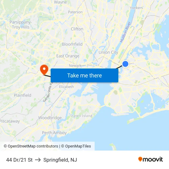 44 Dr/21 St to Springfield, NJ map