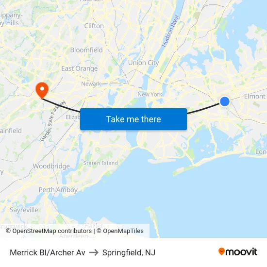 Merrick Bl/Archer Av to Springfield, NJ map