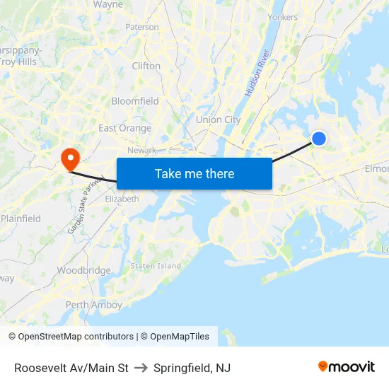 Roosevelt Av/Main St to Springfield, NJ map