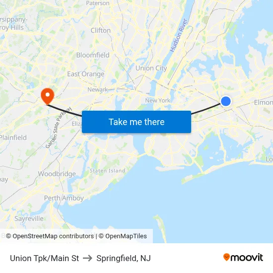 Union Tpk/Main St to Springfield, NJ map