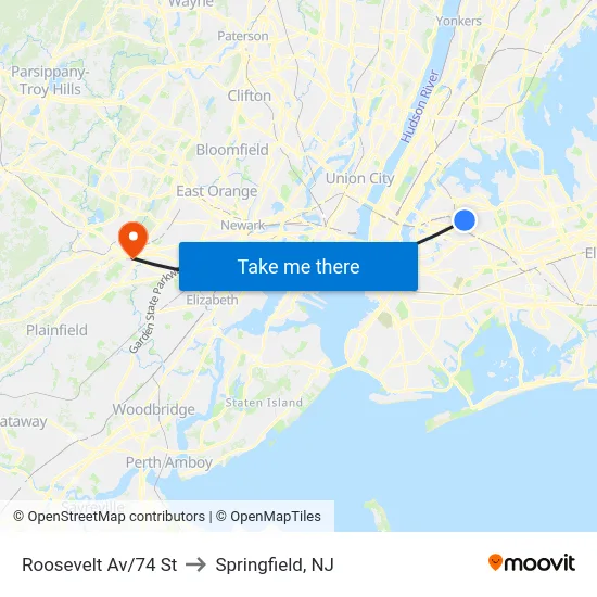 Roosevelt Av/74 St to Springfield, NJ map