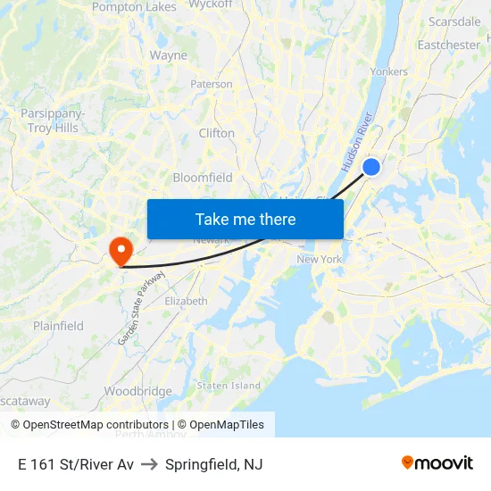 E 161 St/River Av to Springfield, NJ map