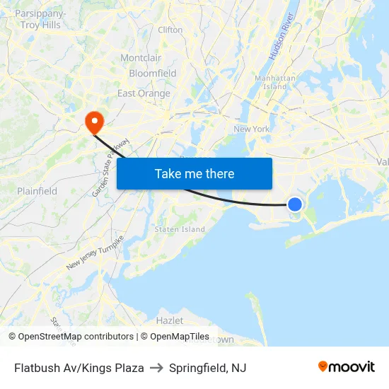 Flatbush Av/Kings Plaza to Springfield, NJ map