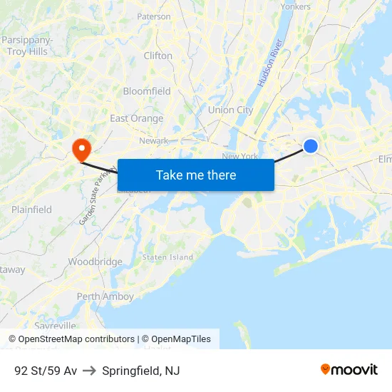 92 St/59 Av to Springfield, NJ map