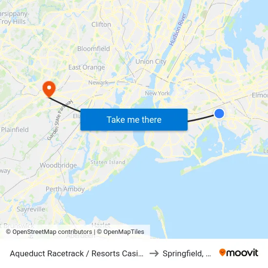 Aqueduct Racetrack / Resorts Casino to Springfield, NJ map