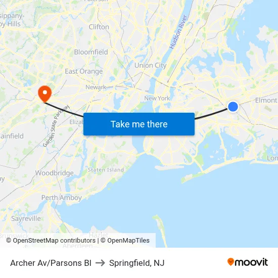Archer Av/Parsons Bl to Springfield, NJ map