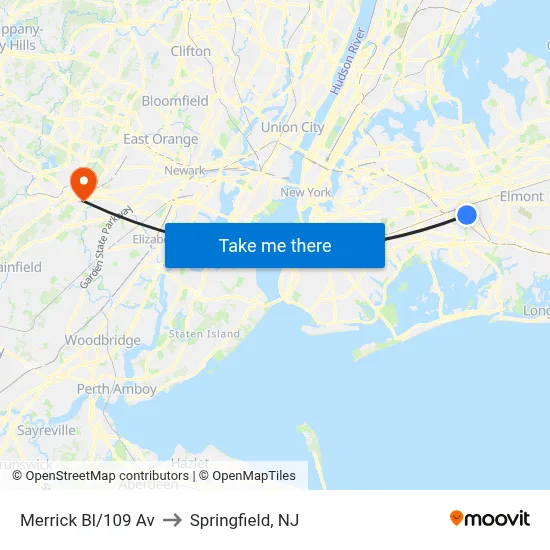 Merrick Bl/109 Av to Springfield, NJ map