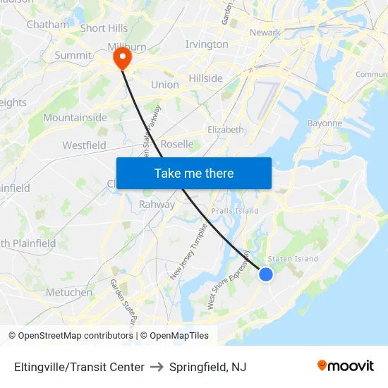 Eltingville/Transit Center to Springfield, NJ map
