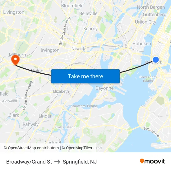 Broadway/Grand St to Springfield, NJ map