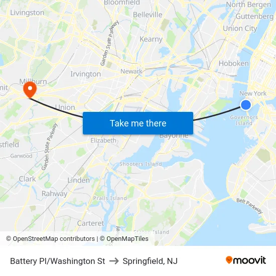 Battery Pl/Washington St to Springfield, NJ map
