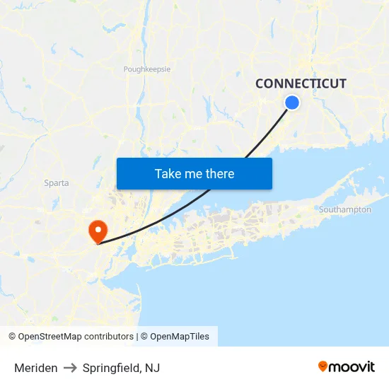 Meriden to Springfield, NJ map