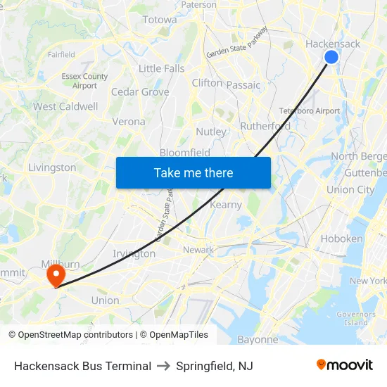 Hackensack Bus Terminal to Springfield, NJ map