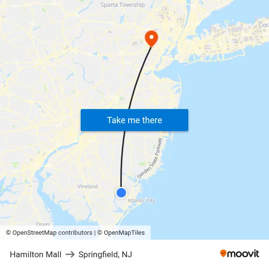 Hamilton Mall to Springfield, NJ map