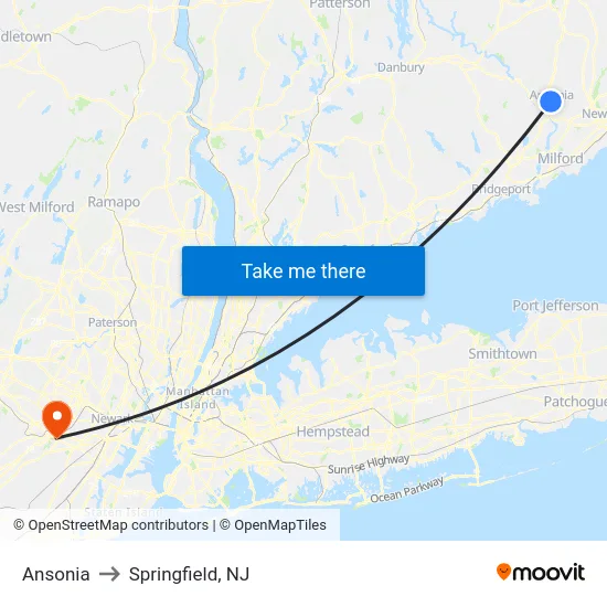 Ansonia to Springfield, NJ map