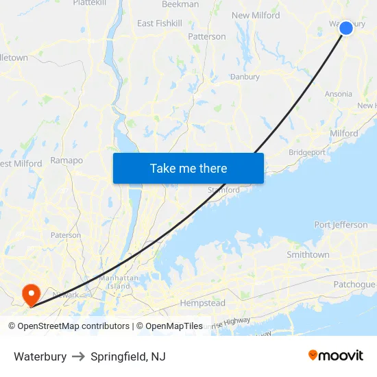 Waterbury to Springfield, NJ map