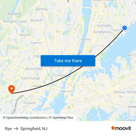 Rye to Springfield, NJ map