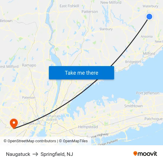 Naugatuck to Springfield, NJ map