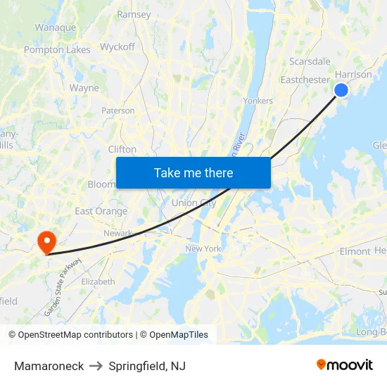Mamaroneck to Springfield, NJ map