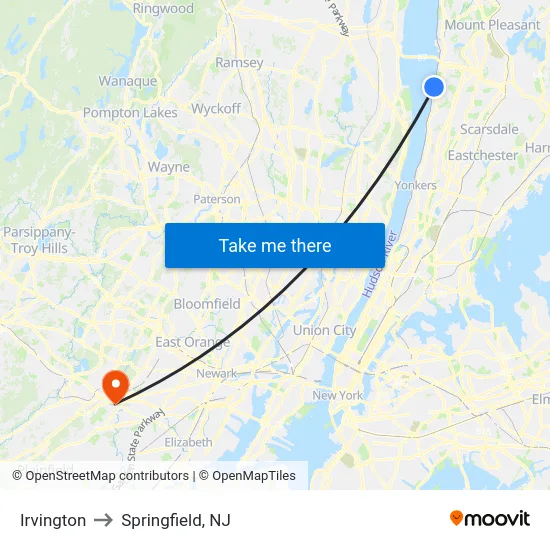 Irvington to Springfield, NJ map