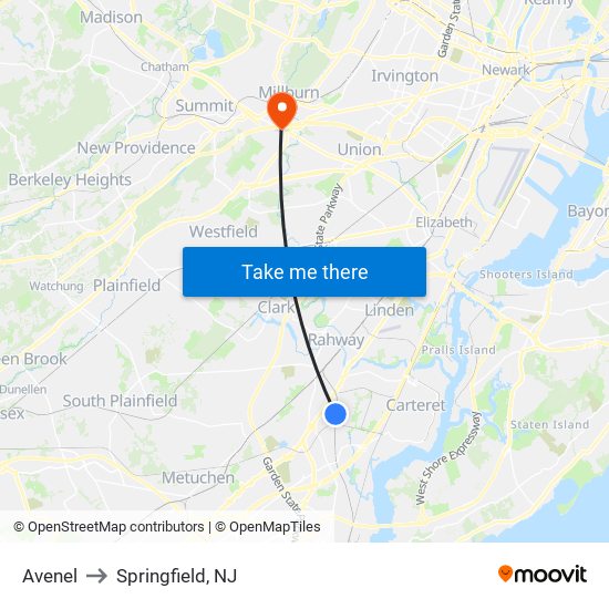 Avenel to Springfield, NJ map