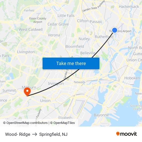 Wood- Ridge to Springfield, NJ map