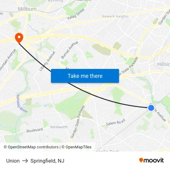 Union to Springfield, NJ map
