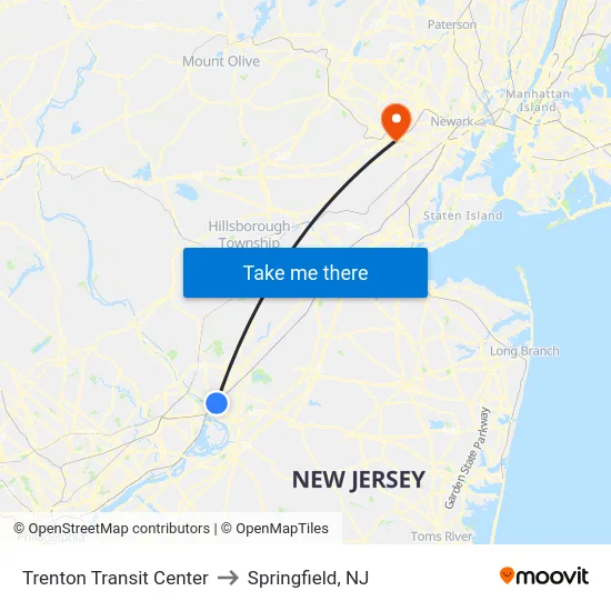 Trenton Transit Center to Springfield, NJ map