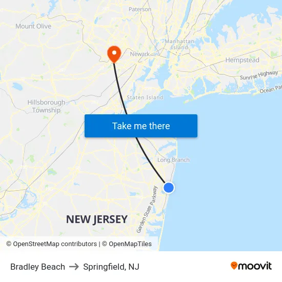 Bradley Beach to Springfield, NJ map