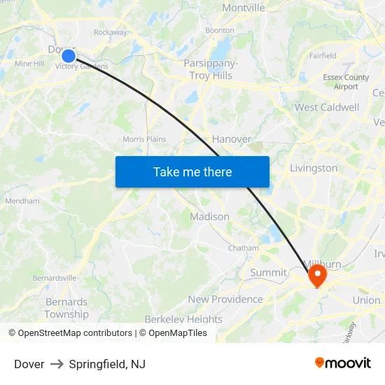 Dover to Springfield, NJ map