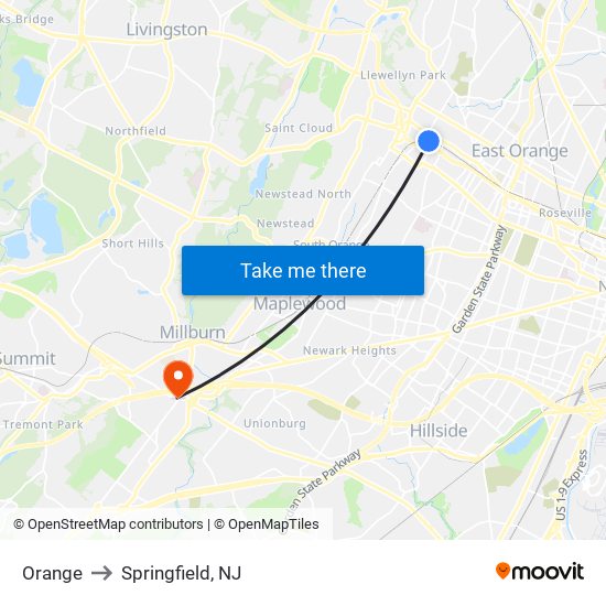 Orange to Springfield, NJ map