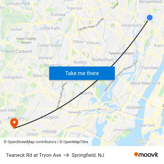 Teaneck Rd at Tryon Ave to Springfield, NJ map
