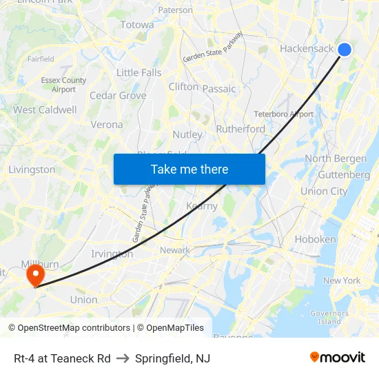 Rt-4 at Teaneck Rd to Springfield, NJ map