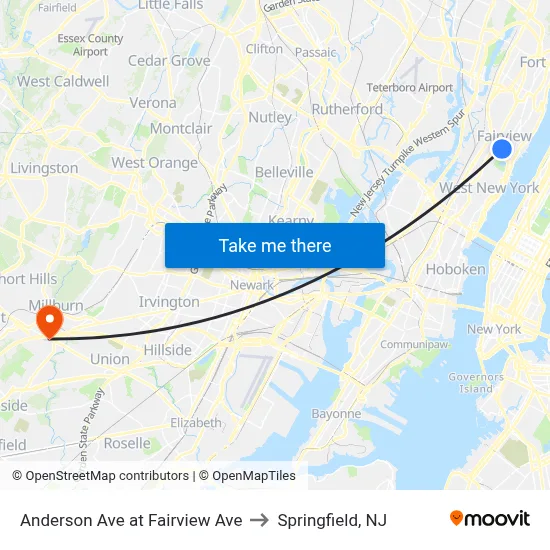 Anderson Ave at Fairview Ave to Springfield, NJ map
