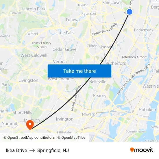 Ikea Drive to Springfield, NJ map