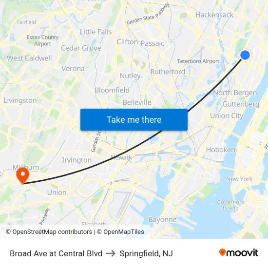 Broad Ave at Central Blvd to Springfield, NJ map