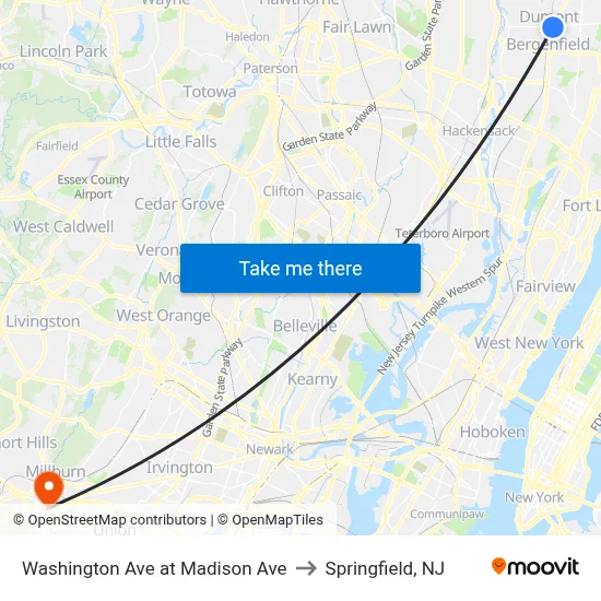Washington Ave at Madison Ave to Springfield, NJ map