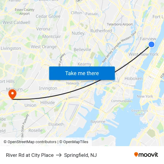 River Rd at City Place to Springfield, NJ map