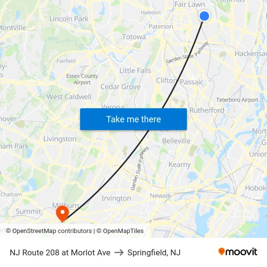 NJ Route 208 at Morlot Ave to Springfield, NJ map