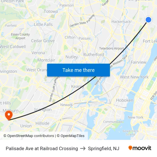 Palisade Ave at Railroad Crossing to Springfield, NJ map