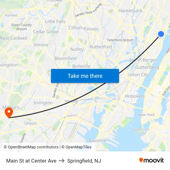 Main St at Center Ave to Springfield, NJ map