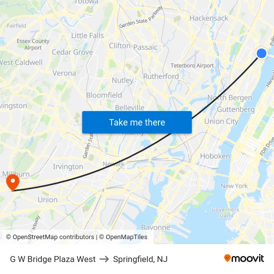 G W Bridge Plaza West to Springfield, NJ map